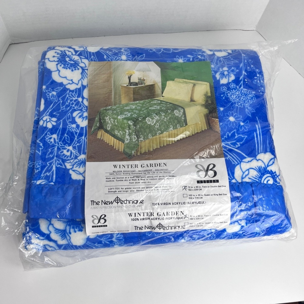 Vintage 1970s Bibb Winter Garden Blanket Blue Floral Twin Full 72x90 NOS